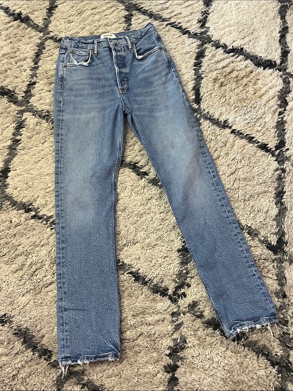AGOLDE Riley Long High Rise Straight Jeans Size 24 Raw Hem Blue Denim - Picture 2 of 8